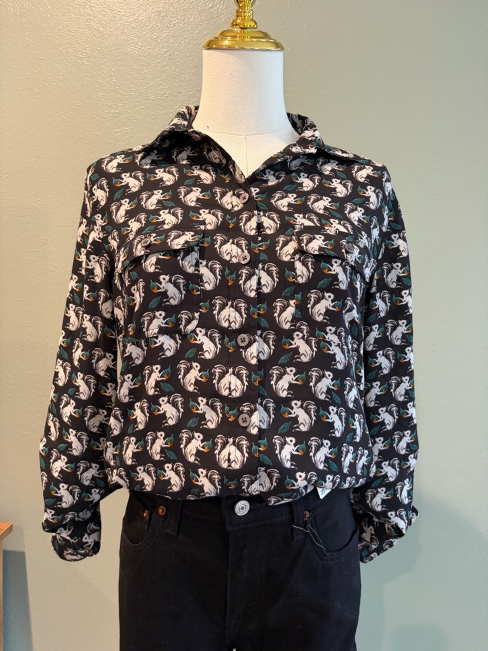 LOFT Black Blouse with White squirrel and Teal Accent Print